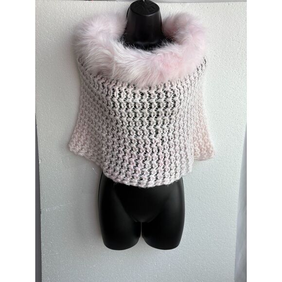 Pink Knit Faux Fur Trim Cover Top One Size Barbiecore Scarf Poncho Girly Y2K - Picture 1 of 9